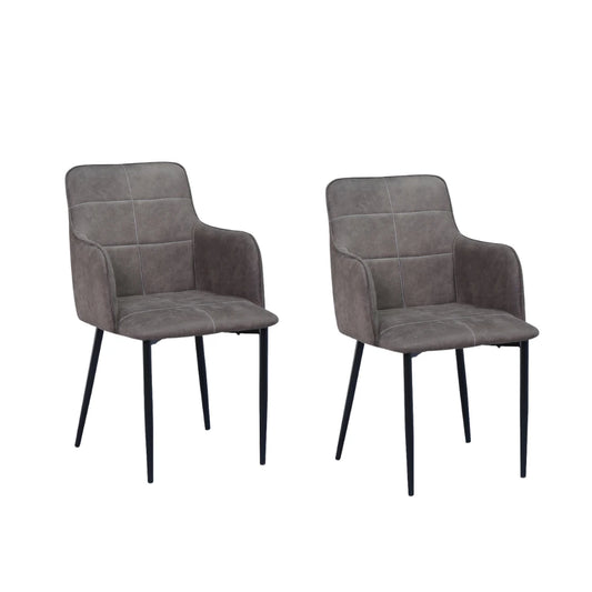 Two grey upholstered chairs with black legs