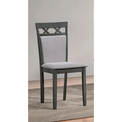 Grey dining chair with a fabric cushioned seat