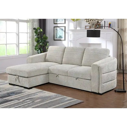 Grey sectional sofa in a living room setting with a fireplace and decor.