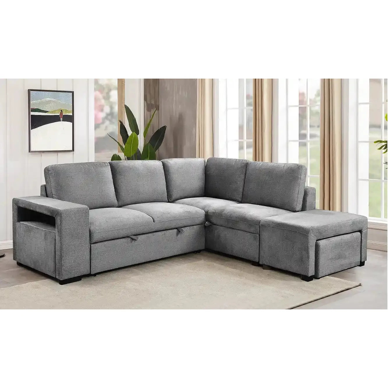 Gray sectional sofa with storage in a living room setting