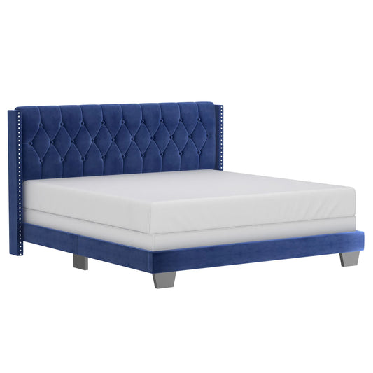 Gunner Blue Velvet Queen Bed with Tufted Headboard & Nailheads