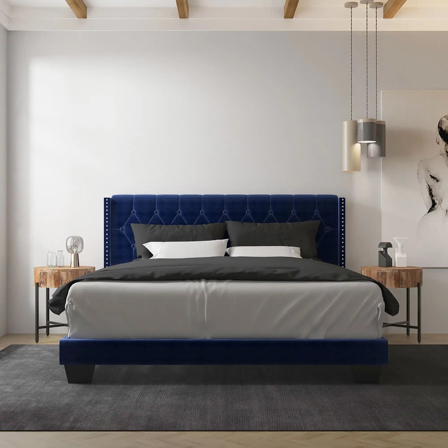 Gunner Blue Velvet Queen Bed with Tufted Headboard & Nailheads