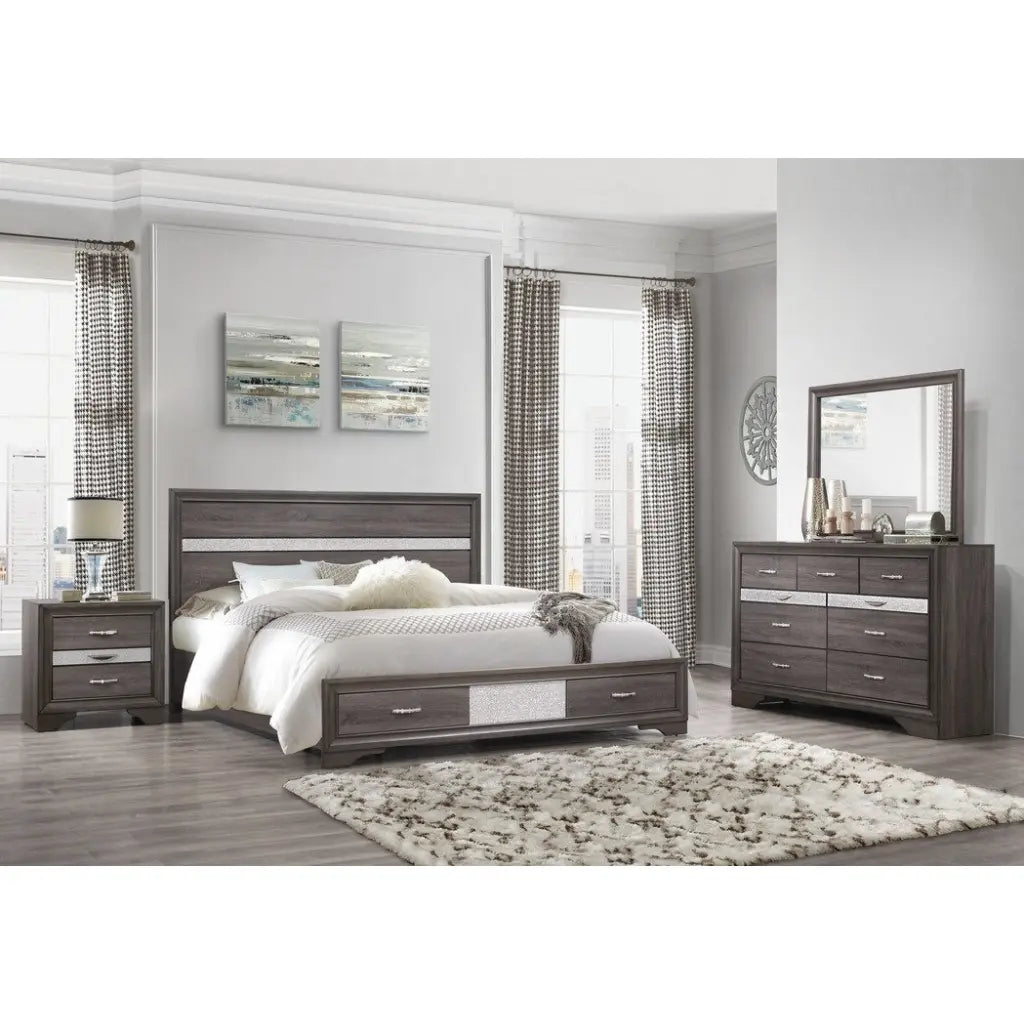 Grey bedroom set with bed, nightstand, storage chest and dresser mirror