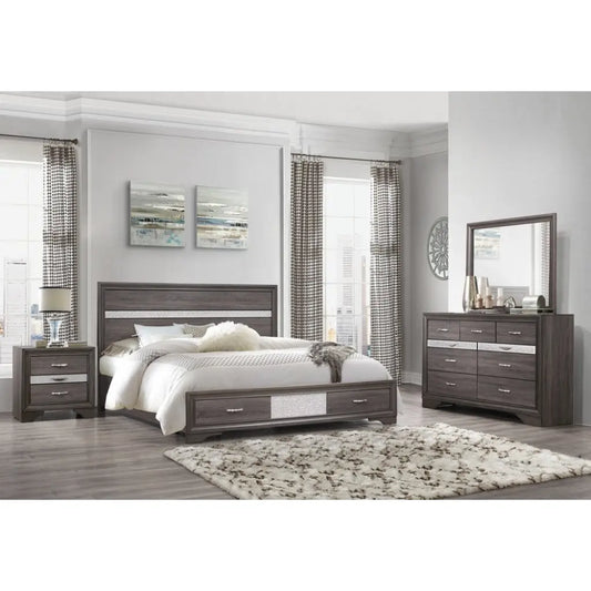 Grey bedroom set with bed, nightstand, storage chest and dresser mirror