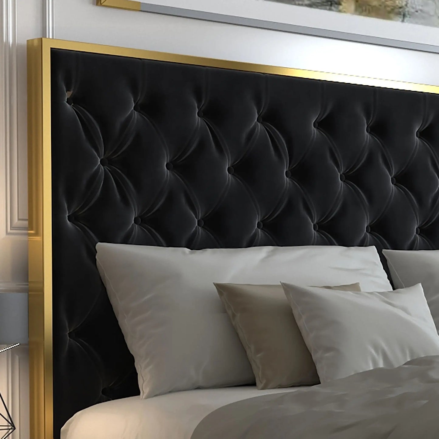 Lucille Velvet Queen Bed Frame with Gold Trim & Tufted Headboard