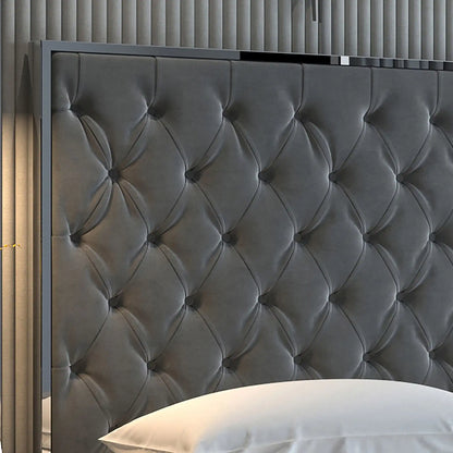 Lucille Grey Velvet Queen Bed with Diamond Tufted Headboard