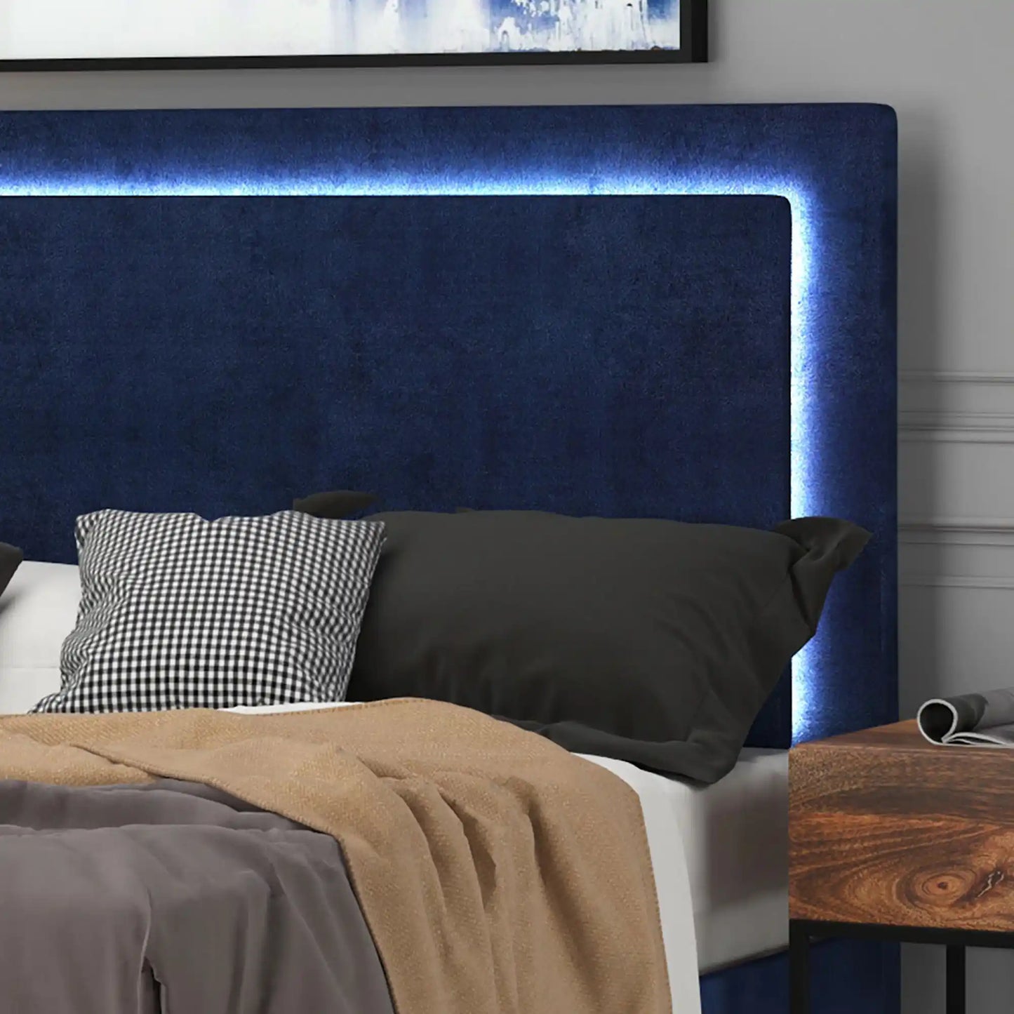 Lumina 60  Blue Velvet Queen Bed with LED Light