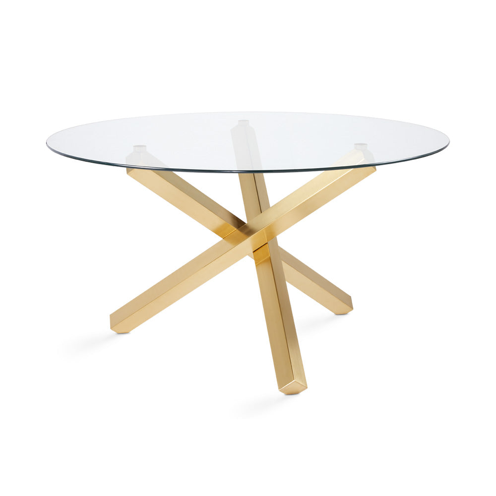 Helen 55 Inch Round Glass Dining Table with Brushed Gold Base