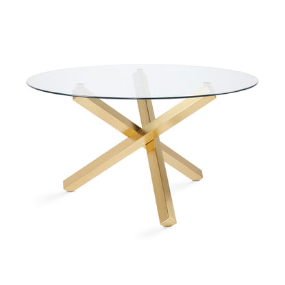 Helen 55 Inch Round Glass Dining Table with Brushed Gold Base