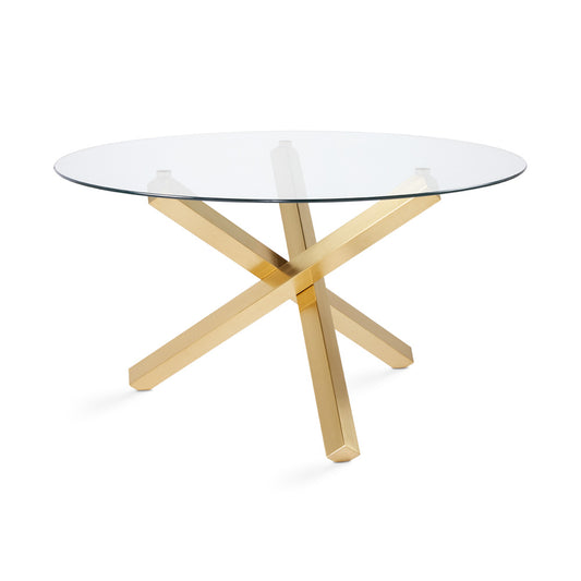 Helen 55 Inch Round Glass Dining Table with Brushed Gold Base
