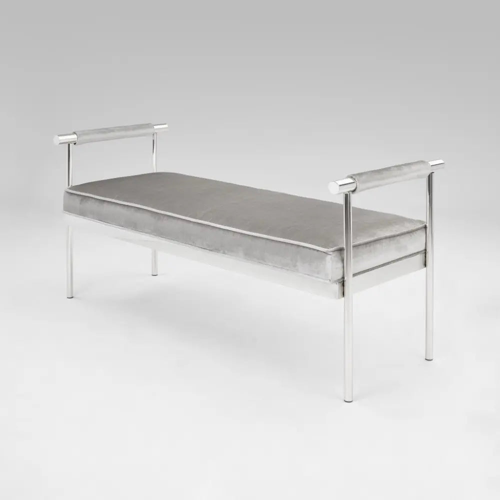 Helen Grey Velvet Bench with Arms and Polished Stainless Steel Frame
