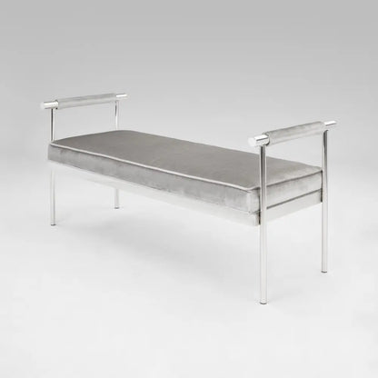 Helen Grey Velvet Bench with Arms and Polished Stainless Steel Frame