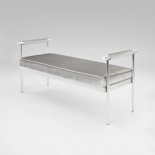 Helen Grey Velvet Bench with Arms and Polished Stainless Steel Frame