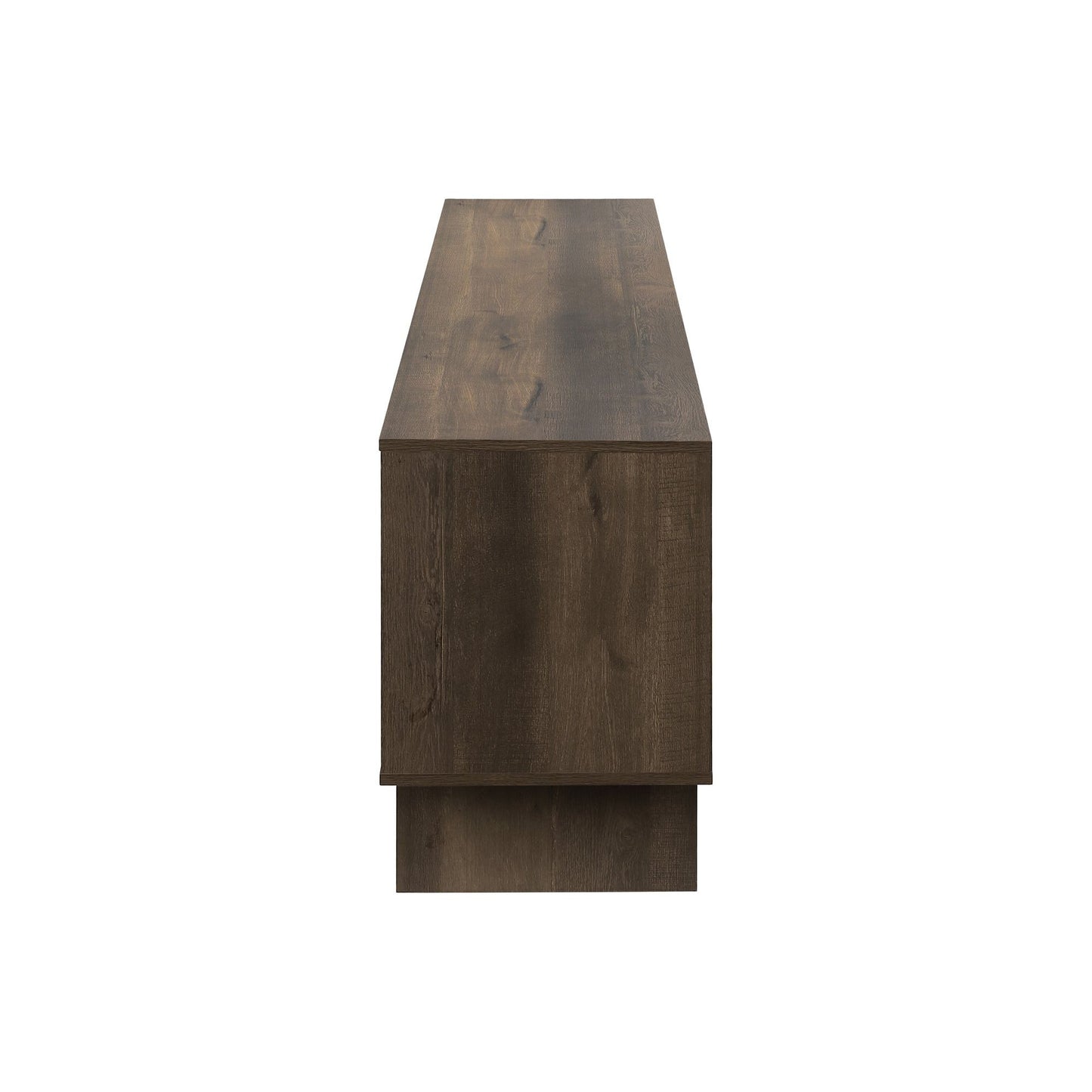 SIDE PROFILE OF DARK BROWN WOOD-LOOK TV STAND WITH STORAGE DRAWERS