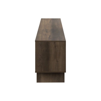 SIDE PROFILE OF DARK BROWN WOOD-LOOK TV STAND WITH STORAGE DRAWERS