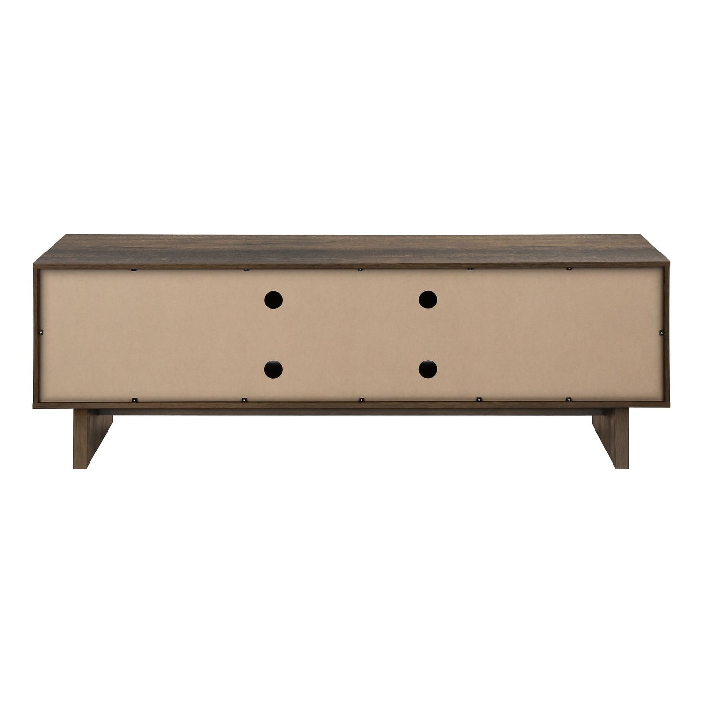 BACK VIEW OF 72"L DARK BROWN WOOD-LOOK TV STAND WITH STORAGE DRAWERS