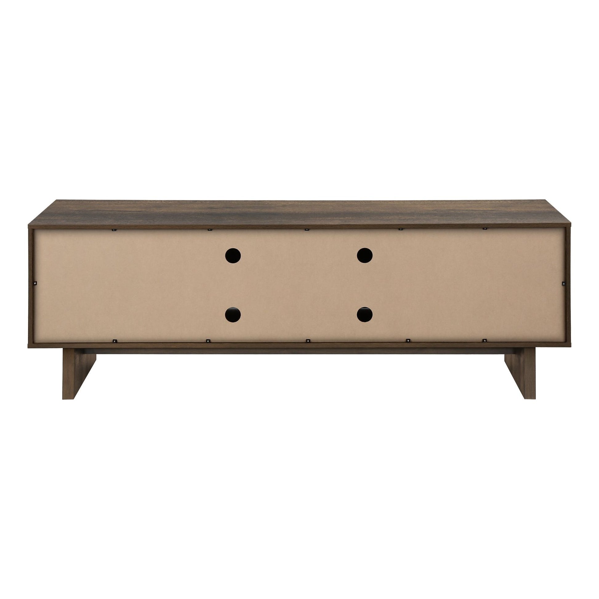 BACK VIEW OF 72"L DARK BROWN WOOD-LOOK TV STAND WITH STORAGE DRAWERS