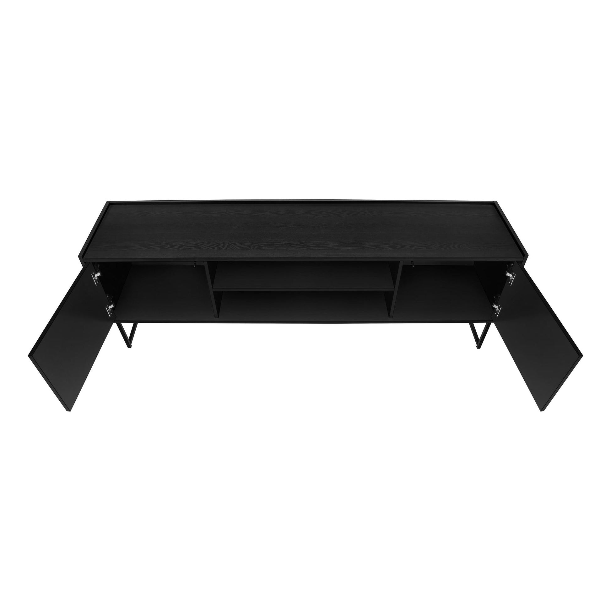 OPEN DOOR VIEW OF BLACK COLOR TV STAND 