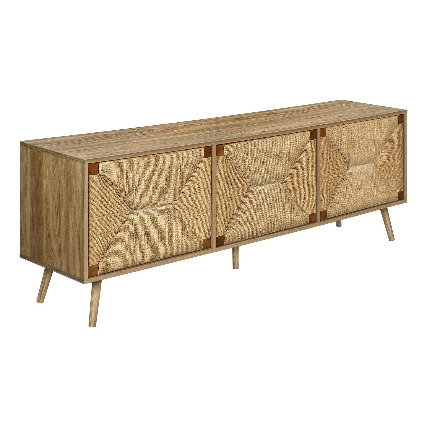 CLOSE-UP OF  WALNUT TV STAND WITH 3 DOORS