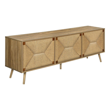 CLOSE-UP OF  WALNUT TV STAND WITH 3 DOORS