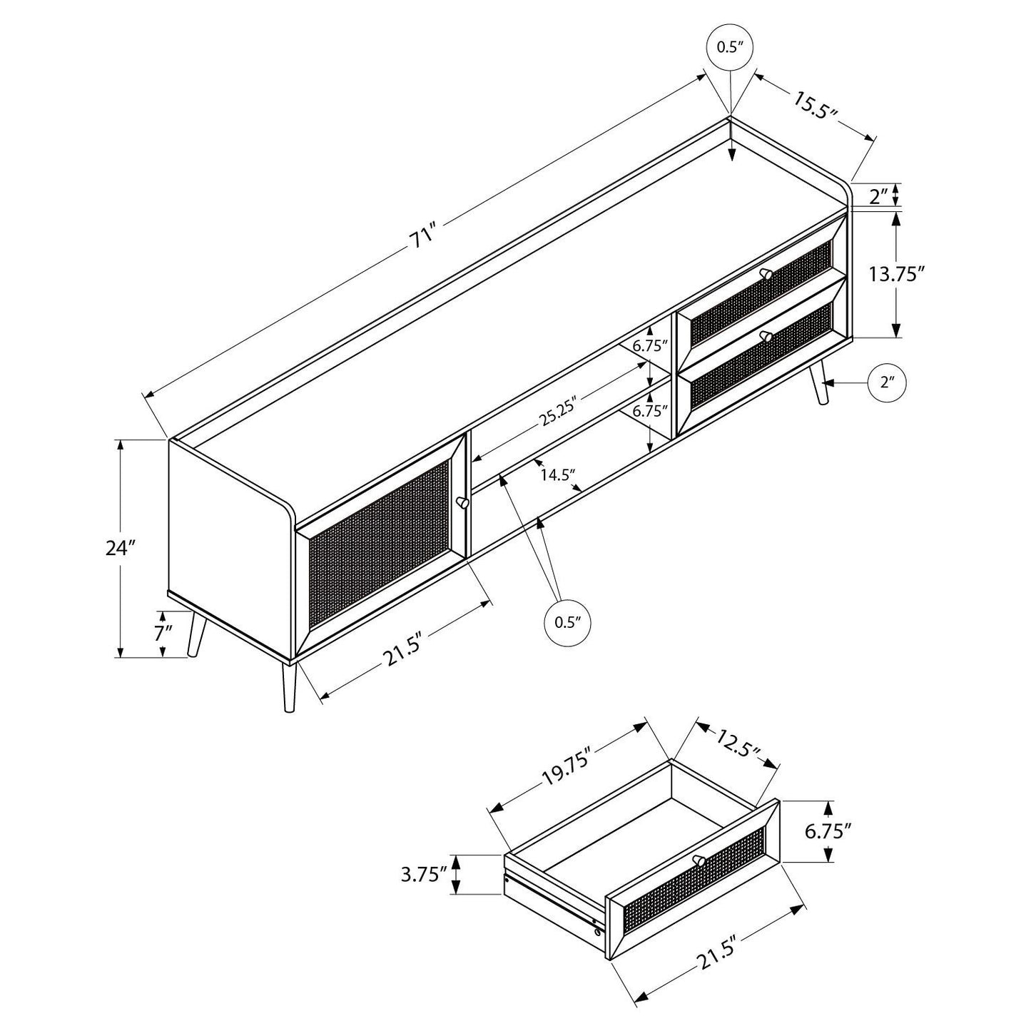 DIMENSIONS OF 72"L WALNUT  TV STAND -WITH STORAGE