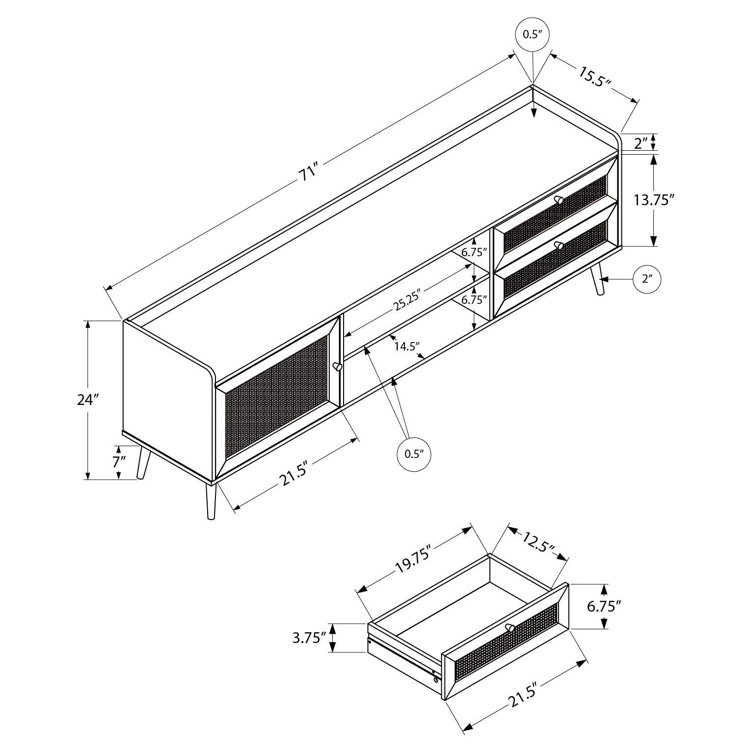 DIMENSIONS OF 72"L WALNUT  TV STAND -WITH STORAGE