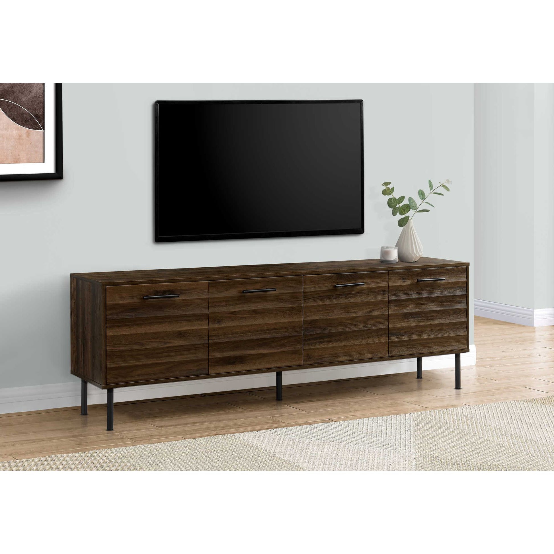 72"L  DARK BROWN WOOD-LOOK TV STAND WITH 4 DOORS