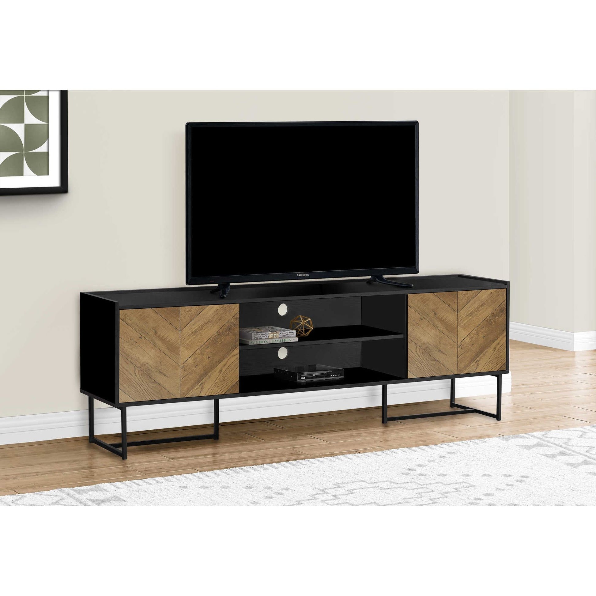 BLACK COLOR TV STAND WITH 2 WOOD-LOOK DOORS