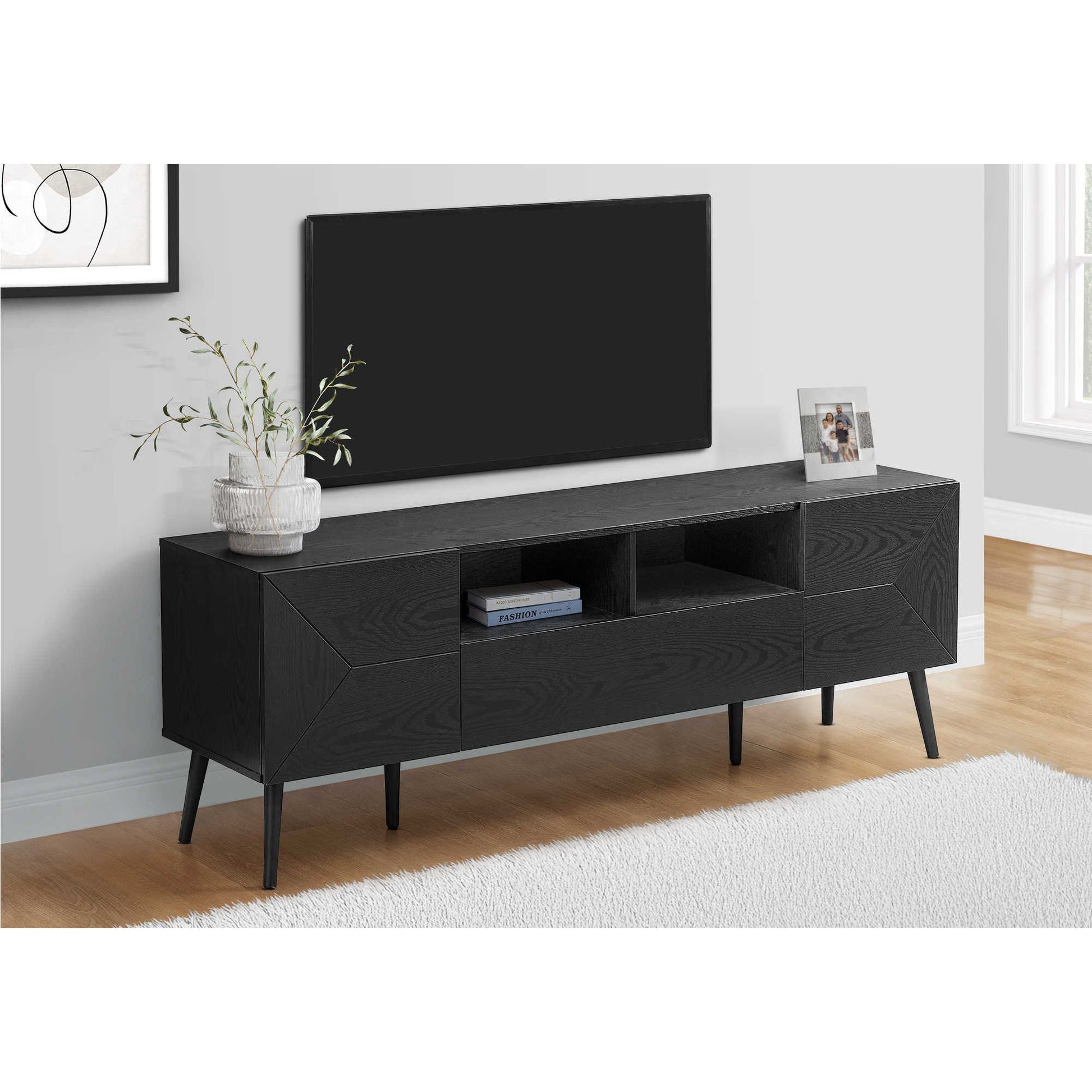 72"L  BLACK WOOD-LOOK TV STAND  WITH STORAGE