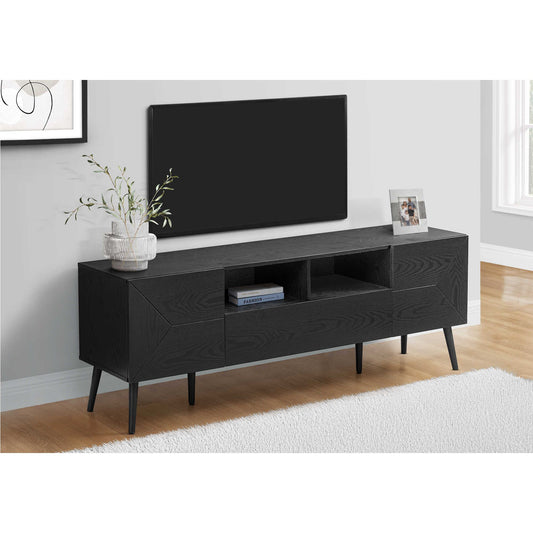 72"L  BLACK WOOD-LOOK TV STAND  WITH STORAGE
