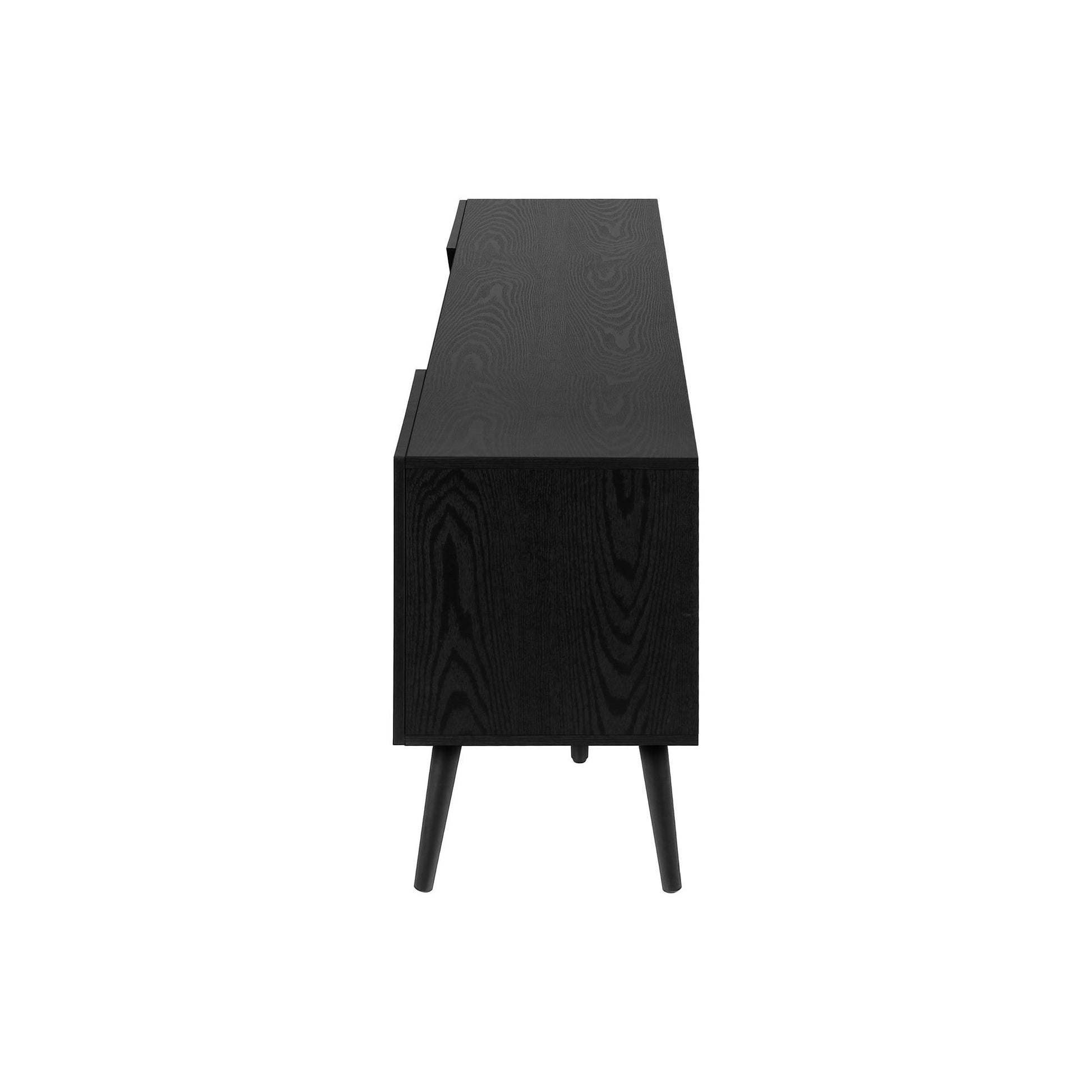 SIDE PROFILE OF  BLACK WOOD-LOOK TV STAND 