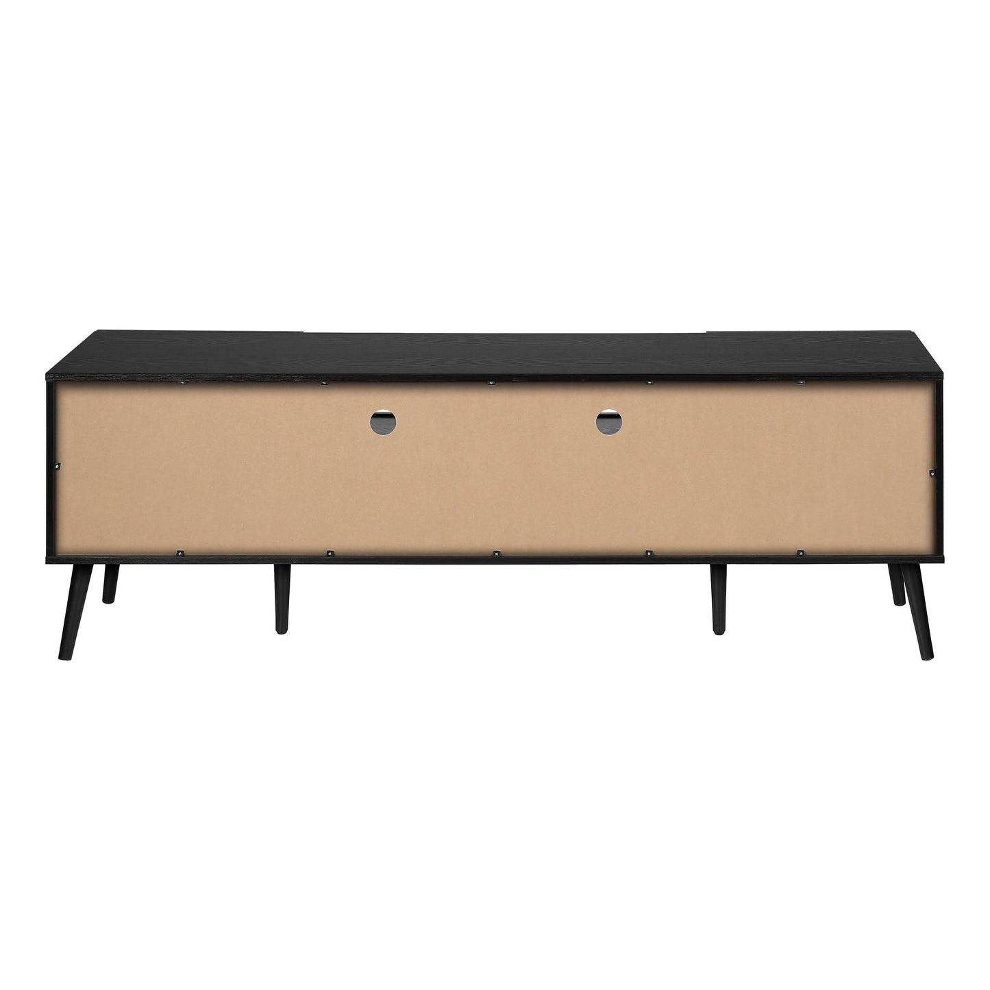 BACK VIEW OF 72"L  BLACK WOOD-LOOK TV STAND  WITH STORAGE