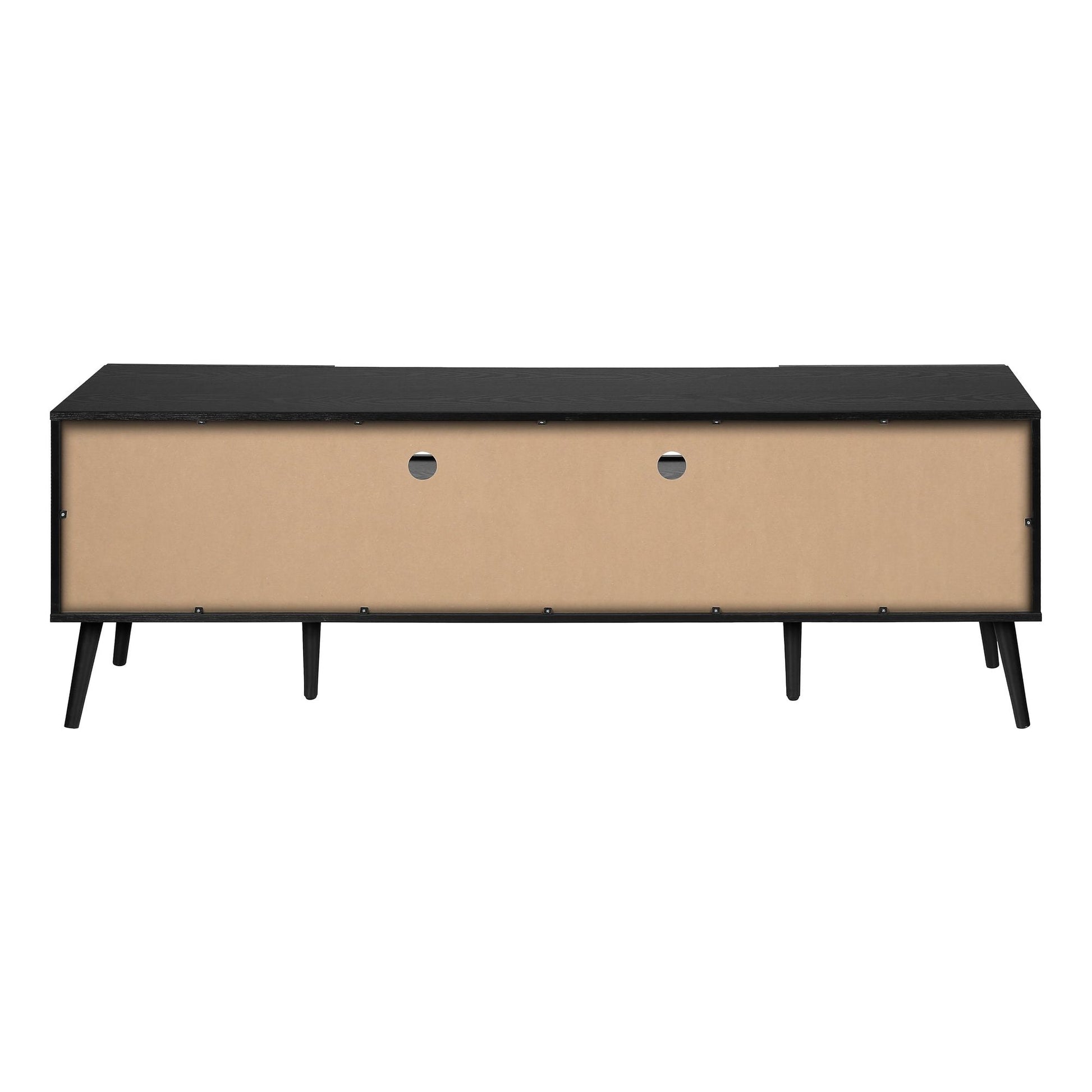 BACK VIEW OF 72"L  BLACK WOOD-LOOK TV STAND  WITH STORAGE