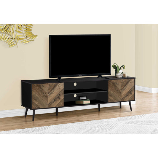 BLACK TV STAND WITH 2 WOOD-LOOK DOORS FOR LIVING ROOM