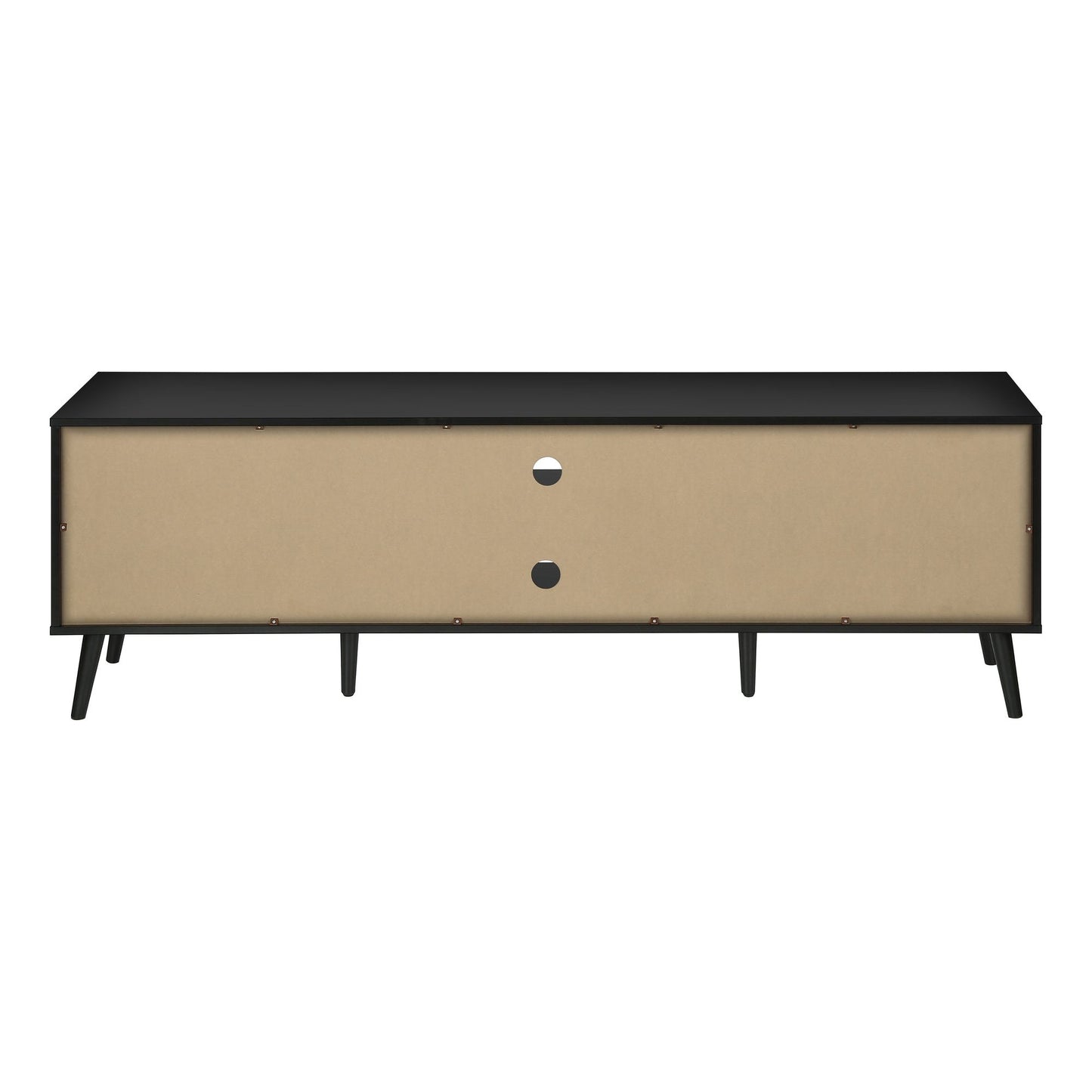 Back view of BLACK TV STAND WITH 2 WOOD-LOOK DOOR