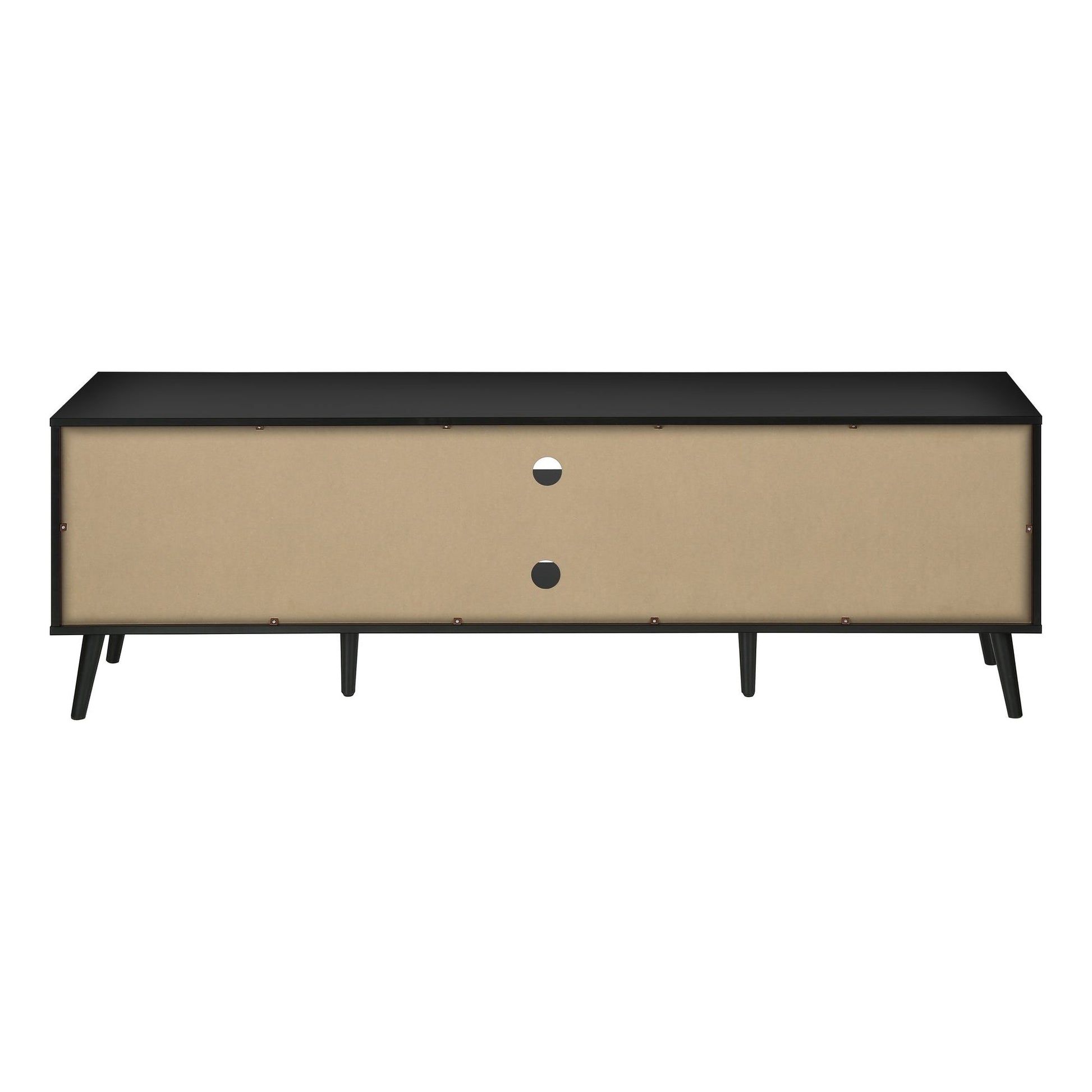 Back view of BLACK TV STAND WITH 2 WOOD-LOOK DOOR