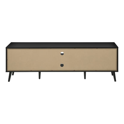Back view of BLACK TV STAND WITH 2 WOOD-LOOK DOOR