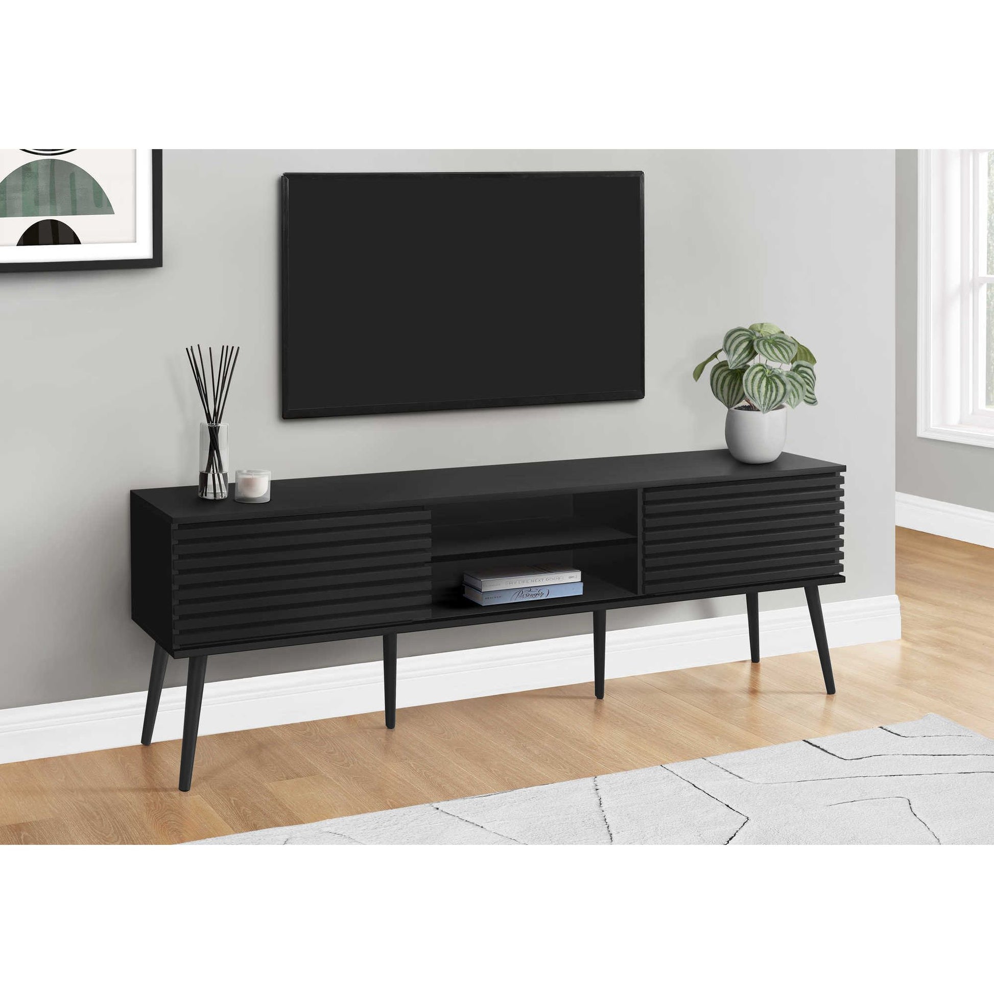 72"L BLACK COLOR TV STAND  WITH 2 DOORS