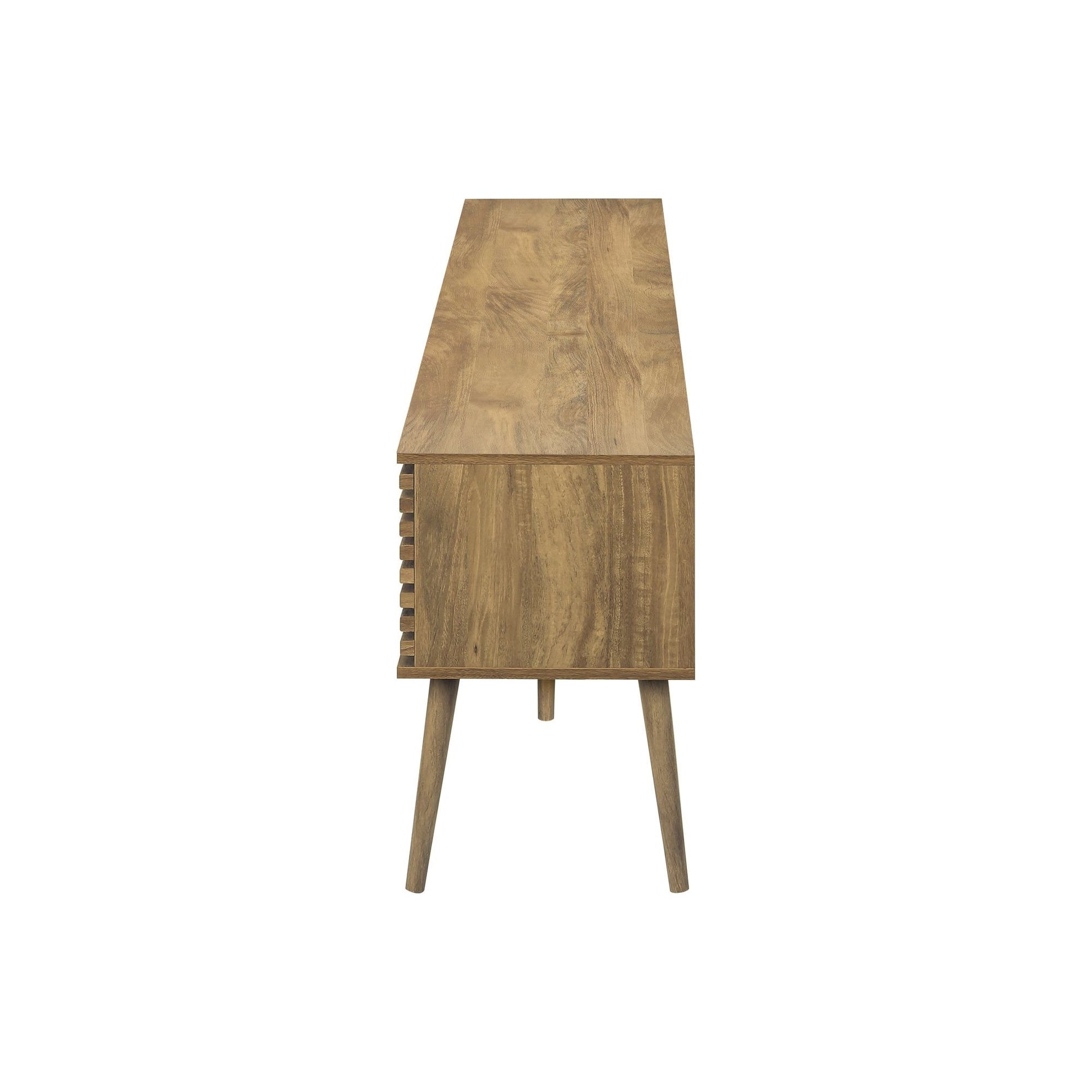 SIDE PROFILE OF 72"L WALNUT COLOR TV STAND WITH 2 DOORS