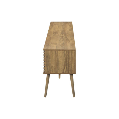 SIDE PROFILE OF 72"L WALNUT COLOR TV STAND WITH 2 DOORS