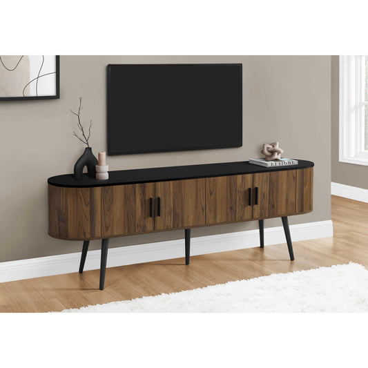 72"L BLACK  TV STAND WITH 4 BROWN WOOD-LOOK DOORS