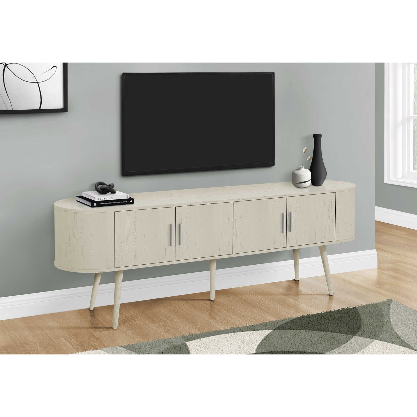 ANTIQUE WHITE TV STAND WITH 4 DOORS