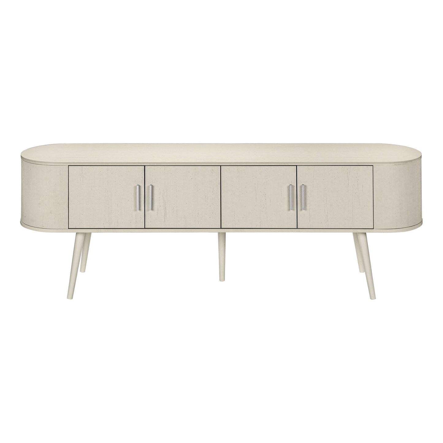 FRONT VIEW OF ANTIQUE WHITE TV STAND WITH 4 DOORS FOR STORAGE