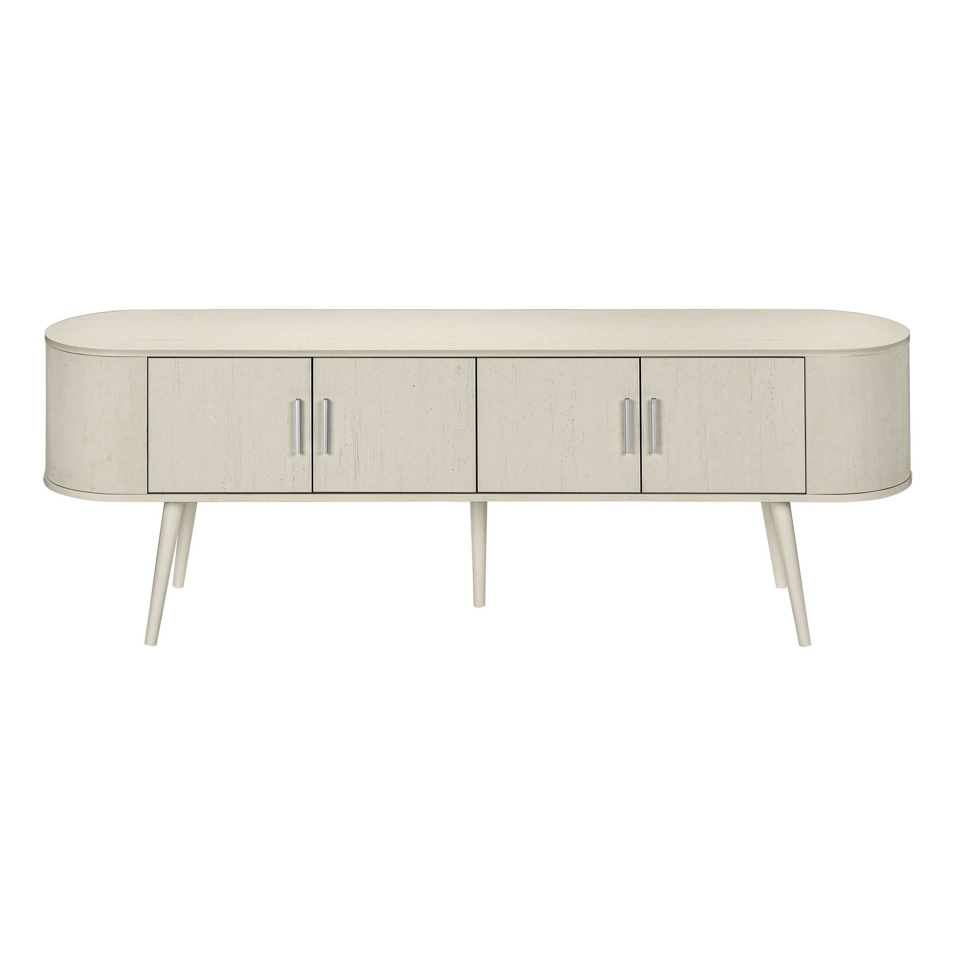 FRONT VIEW OF ANTIQUE WHITE TV STAND WITH 4 DOORS FOR STORAGE
