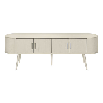 FRONT VIEW OF ANTIQUE WHITE TV STAND WITH 4 DOORS FOR STORAGE