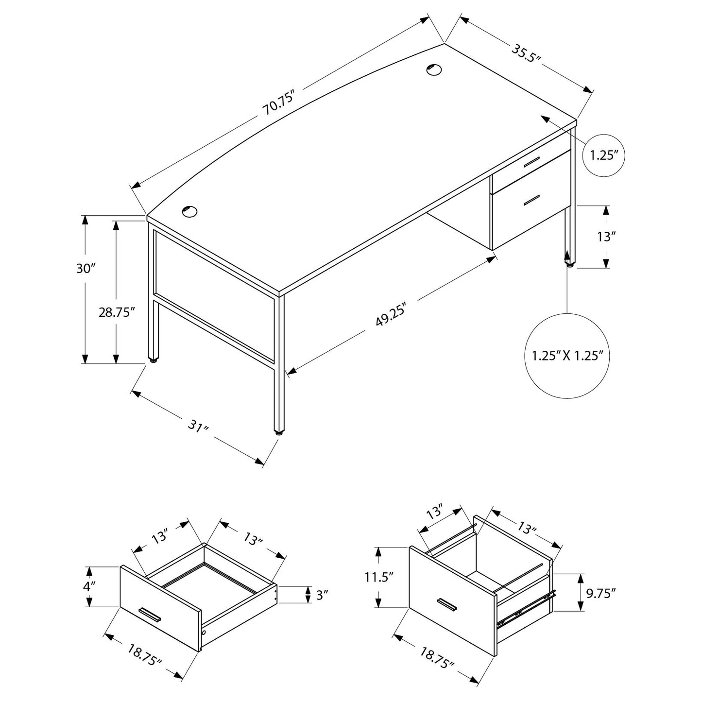 BUREAU - 72"L GRIS / NOIR QUALITE COMMERCIALE