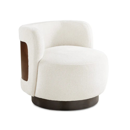 Ivory Accent Chair – Boucle Fabric with Swivel Base & Oak Detail, For Living Room