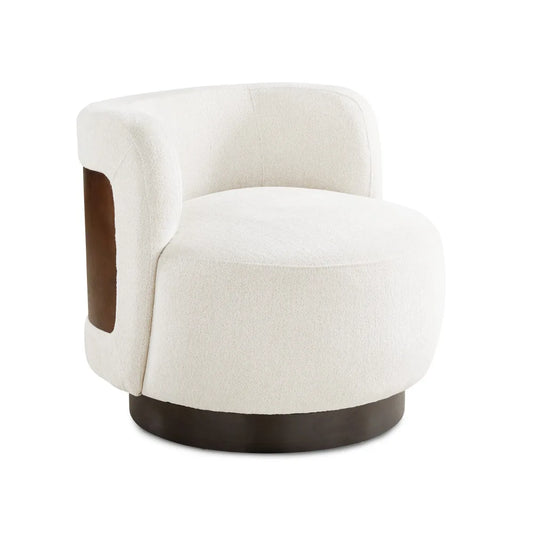 Ivory Accent Chair – Boucle Fabric with Swivel Base & Oak Detail, For Living Room