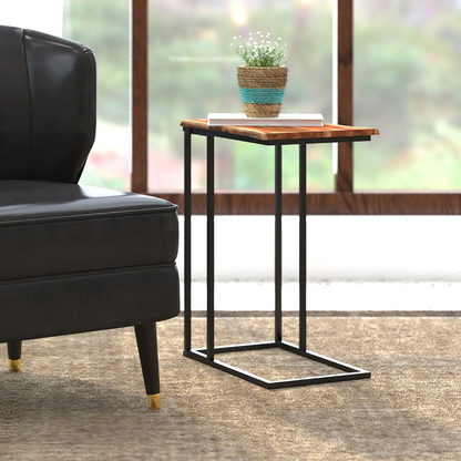 Jivin C-Shaped Accent Table – Solid Acacia Wood & Black Iron Frame