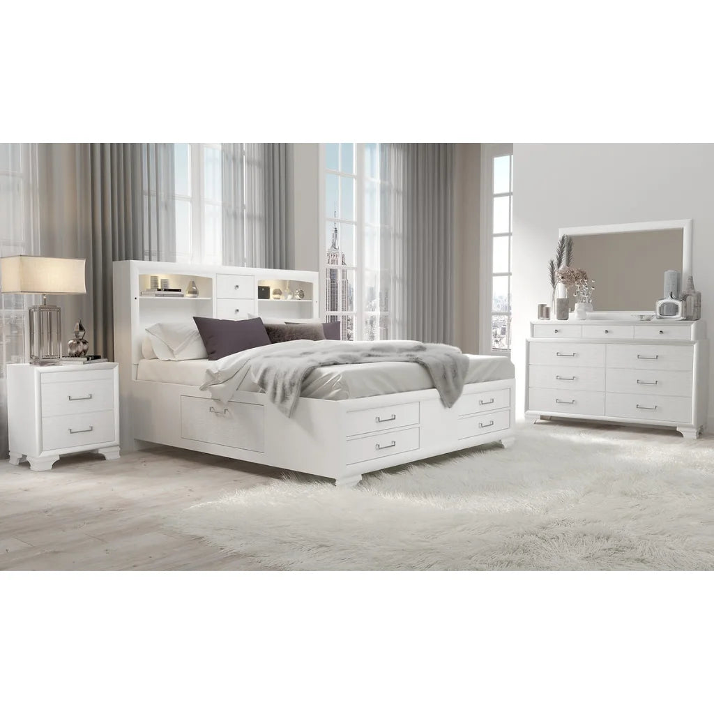White bedroom furniture set with bed, nightstands, chest and dresser with mirror